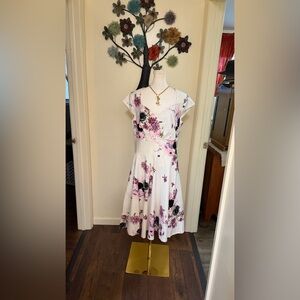 Floral White vintage inspired Midi Dress with Pink & Purple Blooms NWT